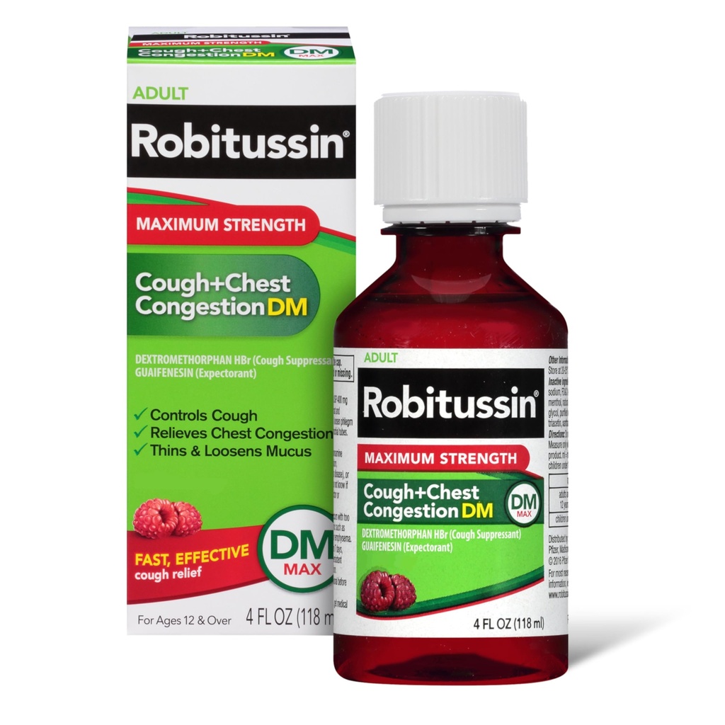 Robitussinの大人の最高の強さの咳+箱の混雑DM最高(4のfl。oz。びん)、咳の抑制剤及び Expectorantのラズベリーの味
