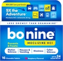 Bonine Non-Drowsy for Motion Sickness Relief, Sea Sickness, Car Sickness, Nausea, & Vomiting - Meclizine HCI 25mg, Travel-Sized - 16ct Raspberry Chewable Tablets (Packaging May Vary)