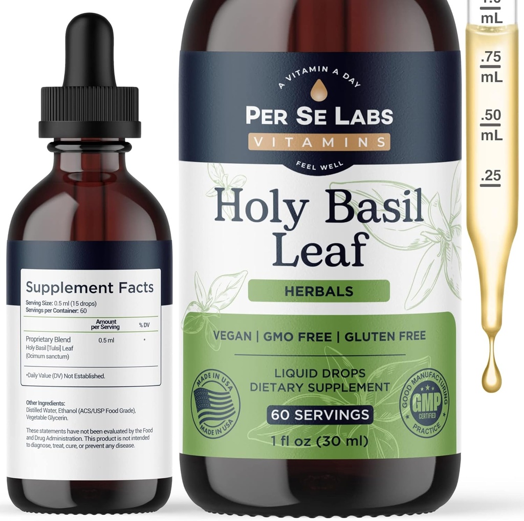 Organic Holy Basil Leaf Liquid Drops 2 Months Supply - Immune Support, Brain & Focus Booster, Adaptogen