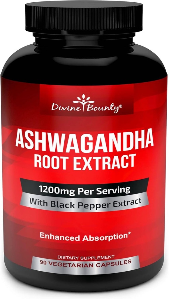 Divine Bounty Organic Ashwagandha Capsules - 1200mg Ashwagandha Powder with Black Pepper for Enhanced Absorption - Ashwaganda Supplement for Calmness & Mood Support - 90 Veggie Capsules
