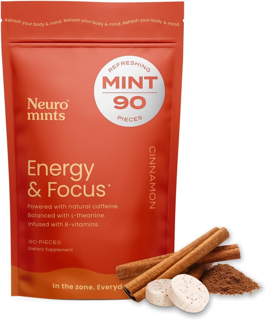 NeuroGumエネルギー&フォーカスミント(90カウントバッグ、シナモン) | 40mgナチュラルカフェイン + L-テアニン + ビタミンB12&B6 | 砂糖無料向知性脳性能サプリメント