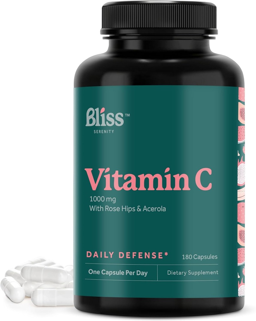 ビタミンC 1000mg - ローズHIPS&Acerola Bioflavonoidと毎日の免疫サポートのための高効力ビタミンCサプリメント - 非GMO検証&グルテンフリー、180ベジーキャップ。