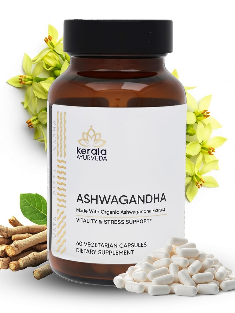 Kerala Ayurveda Ashwagandhaのカプセルよりよい免除、圧力救助及びよい眠り 草の食事療法の補足 サポート免疫、ホルモン、神経及び生殖の健康- 60の計算