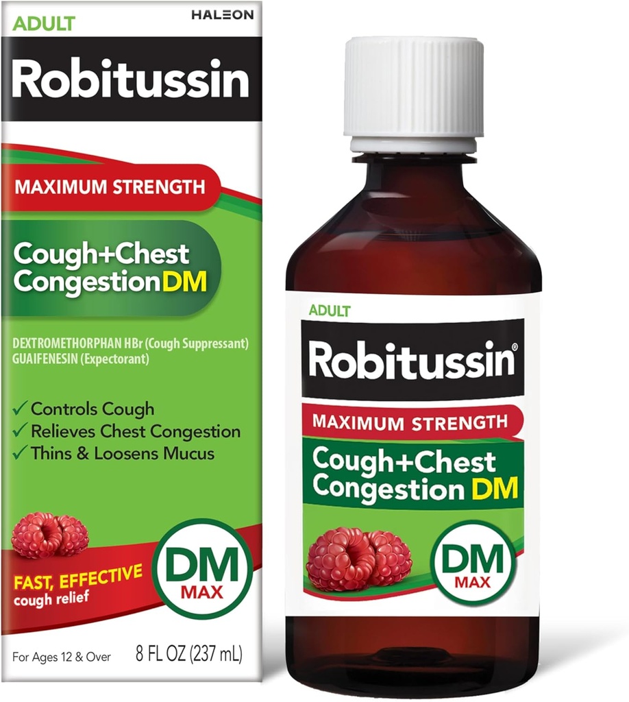 Robitussinの大人の最高の強さの咳+箱の混雑DM最高(8のfl。oz。びん)、咳の抑制剤及び Expectorantのラズベリーの味