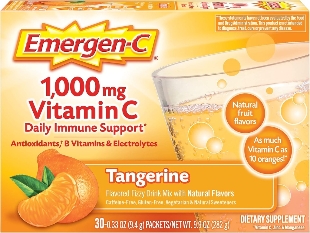 Emergen-C 1000mgビタミンCパウダー、抗酸化剤、ビタミンB、電解液、ビタミンCサプリメント免疫サポート、カフェインフリーフィジードリンクミックス、タンジェリン風味 - 30カウント