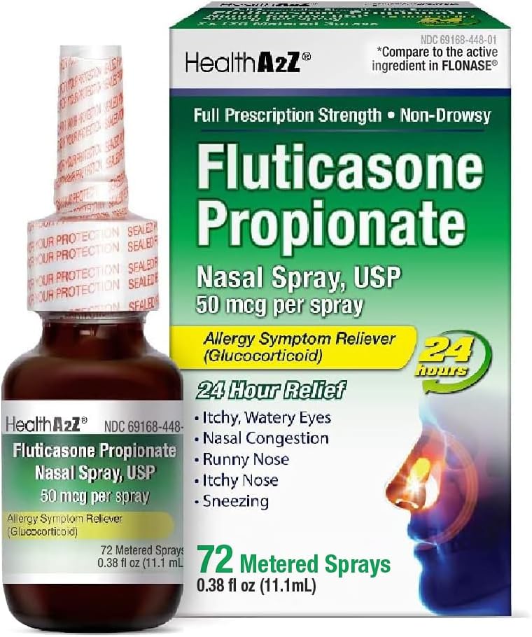 HealthA2Z® Fluticasone のプロピオン酸塩の鼻のスプレー | スプレーごとの 50 mcg | 24 時間アレルギーの救助 | 72 スプレー | 0.38 fl oz. (11.1mL) | 鼻のDecongestant | 非眠り | アレルギーの救助のスプレー