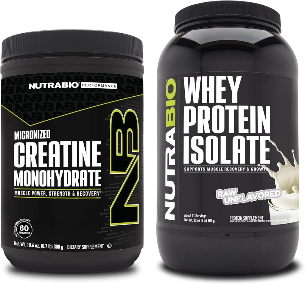 NutraBio のクレアチンの Monohydrate、Unflavored、300gおよびWhey の蛋白質の隔離剤、不燃性、補足の束-筋肉エネルギー、細い筋肉成長、回復および強さ
