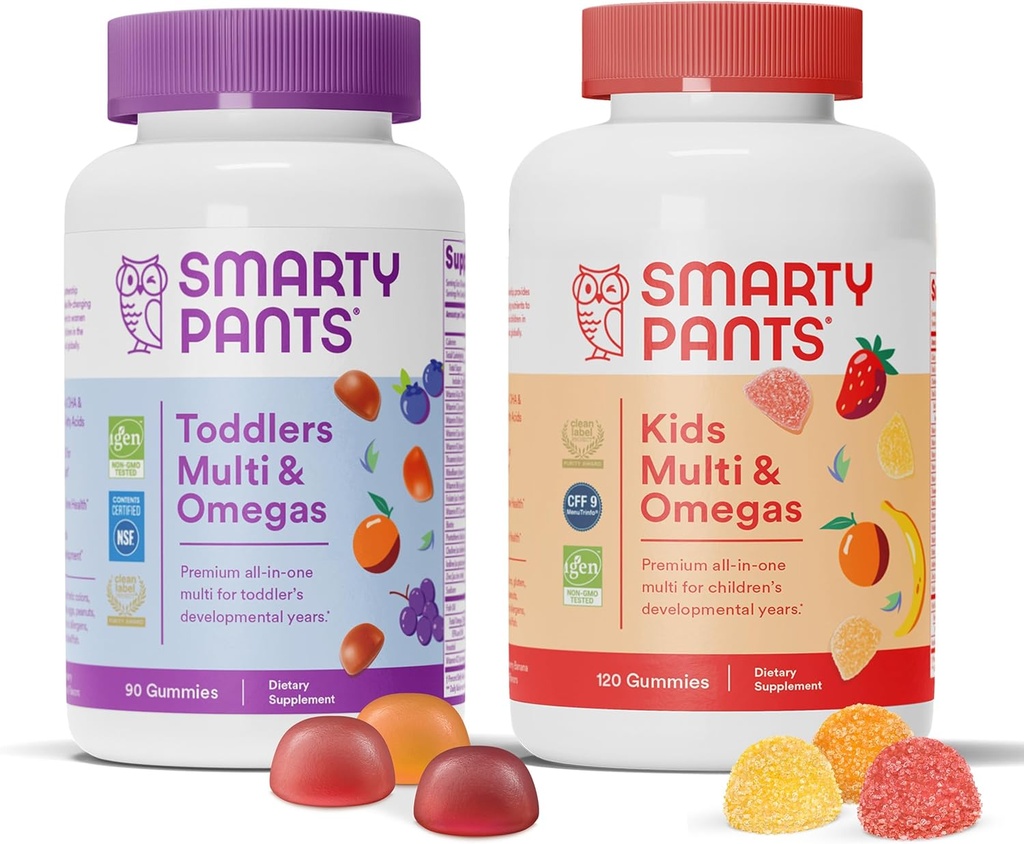 SmartyPants Toddlerと子供マルチビタミンGmmiesバンドル:オメガ3フィッシュオイル(EPA / DHA)、ビタミンD3、C、ビタミンB12、B6、A、K&亜鉛、ビオチン、グルテンフリー、3フルーツフレーバー(30日の供給)