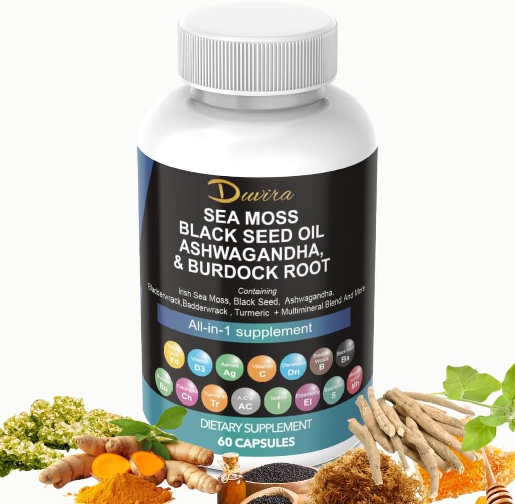 海苔3000mgの黒の種のオイル2000mgのAshwagandha 1000mgのTurmeric 1000mg Bladderwrack 1000mgのBurdock 1000mg及びElderberry Manuka Dandelionの黄色ドックのIodineのChlorophyll ACVのビタミンC及びD3