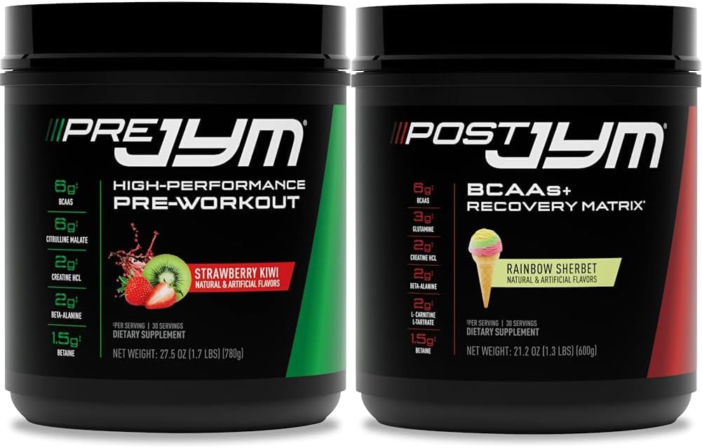 JYM Supplement Science PRE JYM 30 Servings - Strawberry Kiwi & - Post-Workout with BCAA's, Glutamine, Creatine HCL, Beta-Alanine, and More Rainbow Sherbert Flavor, 30 Servings, 21.2 oz.