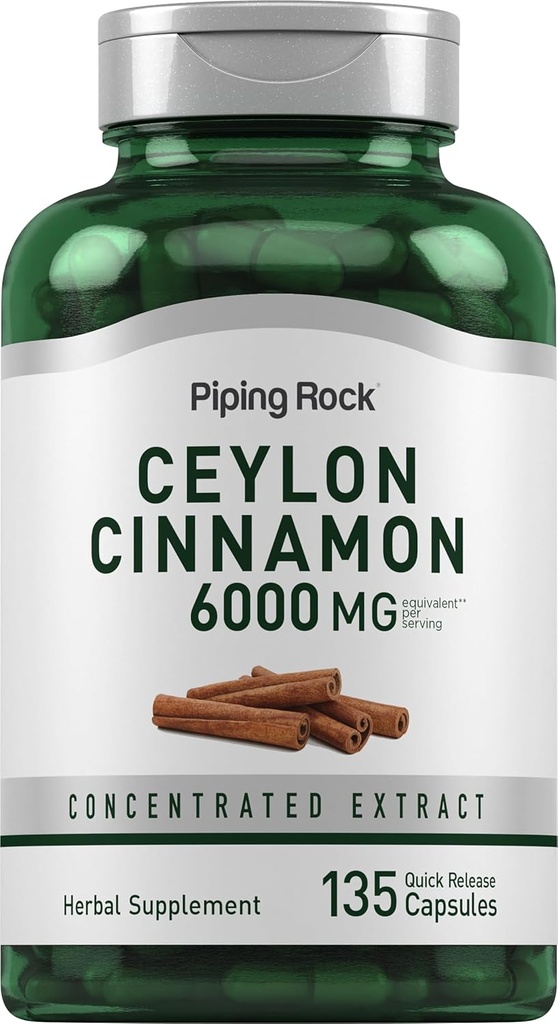 Piping Rock Ceylon Cinnamon Capsules 6000mg | 135 Count | Concentrated Herbal Extract Supplement | for Men and Women | Non-GMO, Gluten Free