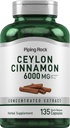 パイピングロックシーナモンカプセル6000mg | 135カウント | 濃縮ハーブエキスサプリメント | 男性用・女性用 | 非GMO、グルテンフリー