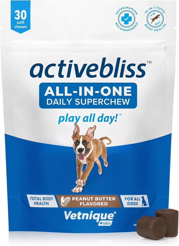 Vetnique Labs Activebliss Dog Multivitamin - グルコサミン、オメガ3、共同、消化器、および免疫サポートのための消化酵素&プロバイオティクス - 最適な健康のための犬のビタミン、30カウント
