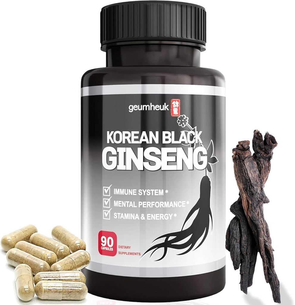 GeumHeuk韓国の黒のPanaxのGinsengのカプセル1000mg - 90のビーガンは非GMO、高いGinsenosides、高い吸収率、高めます免除、精神的性能、スタミナ及びエネルギー、人及び女性をカプセルに入れます