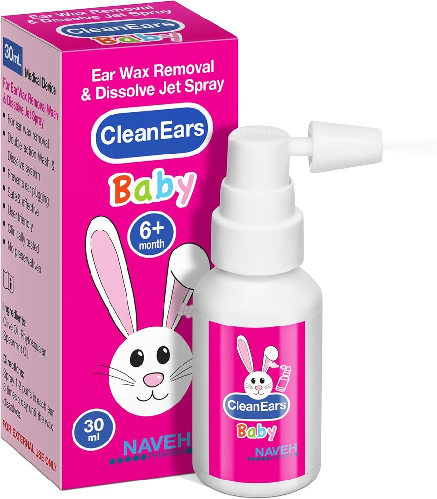 NAVEH PHARMA® CleanEars 赤ちゃん | 耳のワックス除去スプレーの高速機能 | わずか1トリートメントでイヤーワックスを分解・分解 | 臨床的に300%になる可能性が高い | ミネラルオイル、Gentle&Safe | 1 OZ
