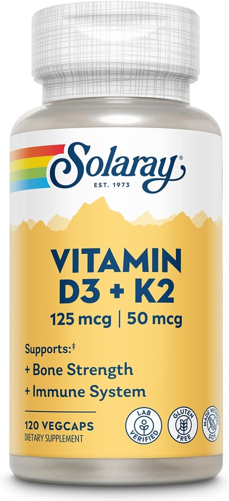 SOLARAYビタミンD3 K2 - 骨の健康と免疫サポートサプリメント - 5000 IUビタミンDをVit D3と50 mcgビタミンK2としてMenoquinone MK7、大豆なし、60日保証、120 サーブ、120 野菜