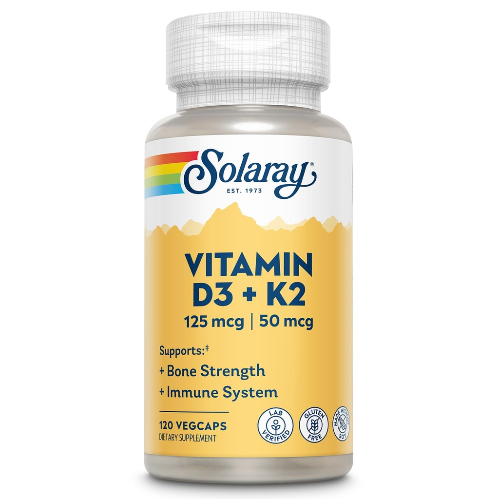 SOLARAYビタミンD3 K2 - 骨の健康と免疫サポートサプリメント - 5000 IUビタミンDをVit D3と50 mcgビタミンK2としてMenoquinone MK7、大豆なし、60日保証、120 サーブ、120 野菜