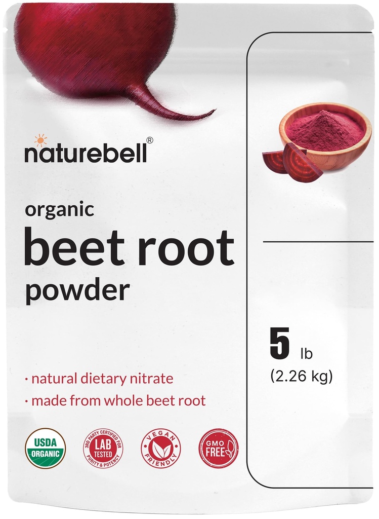 NatureBellオーガニックビートルートパウダー5Lbs | 4,000mg/サービング - 濃縮された全ビートルートソース | 高食道 Nitrates – 生のスーパーフードサプリメント – ビーガンシェイクス&スムージーのために偉大な – 非GMO