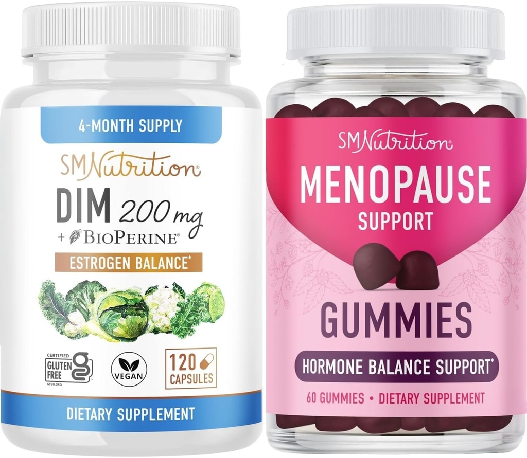 女性のためのエストロゲンバランスを高めるための200mg DIMサプリメントとMenopauseサポートグミー | ベジタリアングルテンフリーのホルモンバランスグミー(30サービング) & Diindolylmethaneカプセル(120サービング)