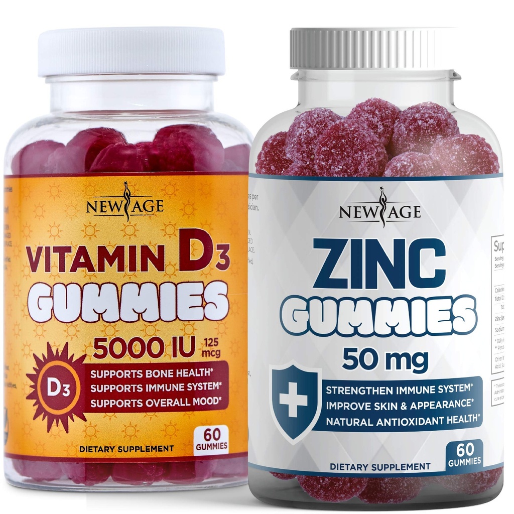 新しいAGE免疫防衛コンボ - 2パック - ビタミンD3グミー5000 IU 125mcg&高効力亜鉛グミー、免疫ブースター120カウント