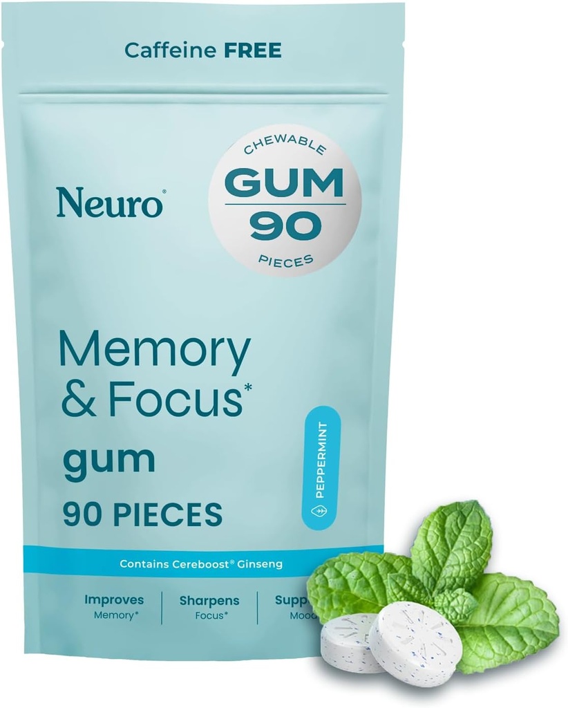 Neuro Memory & Focus Gum (90 Pieces) - Decaf & Sugar Free with American Ginseng, L theanine, Vitamin B12 & Vitamin B6 for Mental Alertness - Brain Supplements for Memory and Focus - Peppermint Flavor