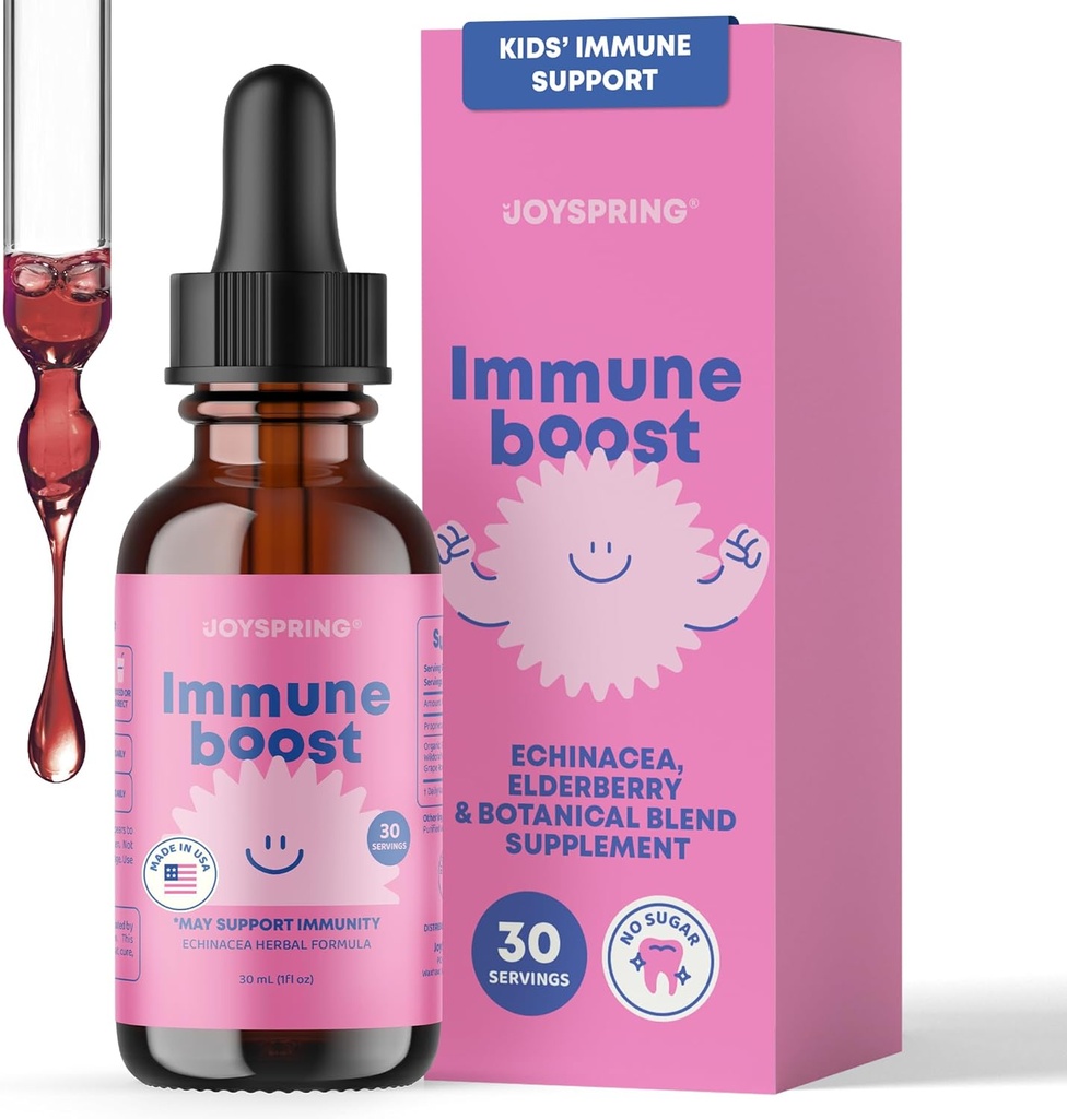 JoySpring免疫低下 - 子供の免疫サポートサプリメント(1 fl oz、30 サービング)と有機エルダーベリー液体、Echinacea、Oregon Grape Root&Orange Peel for Age 2-16+ 年齢と大人