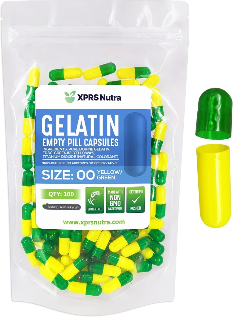 XPRSのNutraのサイズ00の空のカプセル- 100の計算の空のゼラチンのカプセル-Pills DIYのカプセルの詰物-Do-It-Yourselfの補足のための満たされた丸薬のゲルの帽子(緑/黄色)