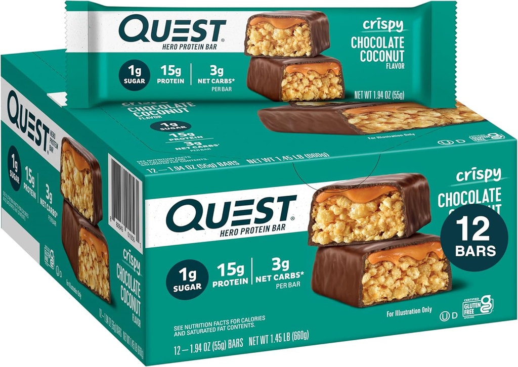 Quest Nutrition Crispy Chocolate Coconut Hero Protein Bar, 15g Protein, 1g Sugar, 3g Net Carbs, Gluten Free Protein Snack, Keto フレンドリー, 12 カウント