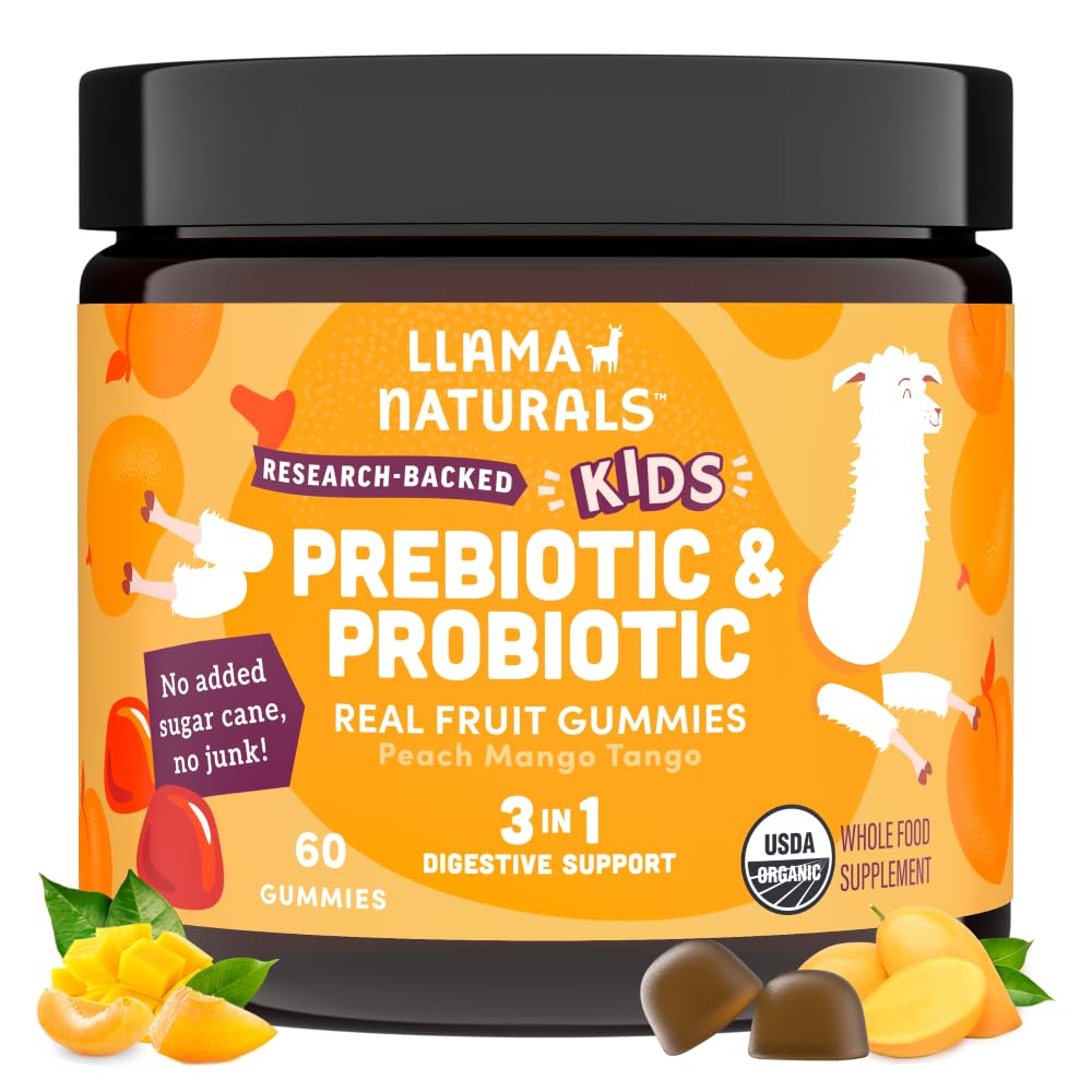 Llama Naturalsは、プレバイオティクス繊維、ビーガン、有機プレバイオティクス、Gut健康サポートのためのプロバイオティクスのグミー、トドル実質のフルーツギーミービタミン、追加砂糖ケーン、ピーチマンゴー、60 Ct