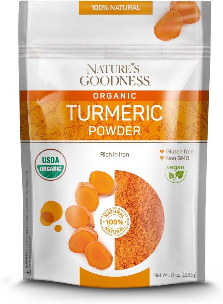 Nature's Goodness Organic Turmeric Powder | 純地カークマルートスパイス | ビタミン・天然抗酸化剤が豊富に配合した生ビーガンターメリッククルクミン | 非GMOグルテンフリー8オンス