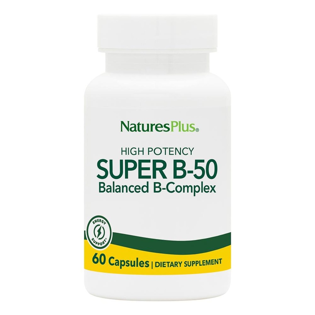 NaturesPlusスーパーB50-60ベジタリアンカプセル - 高効力B複合ビタミンサプリメント - 脳とエネルギーブースター - グルテンフリー - 60のサービング