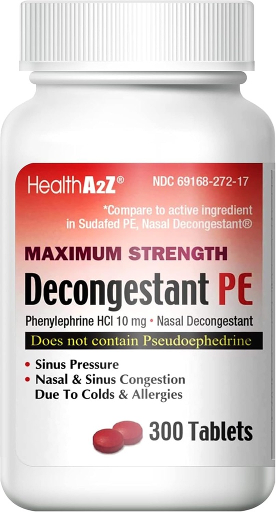 HealthA2Z® デカンストラント PE | フェニレフリン HCl 10mg | 最大強度 | ナサル & シナス 風邪・アレルギーによる混雑緩和 (300個入り)