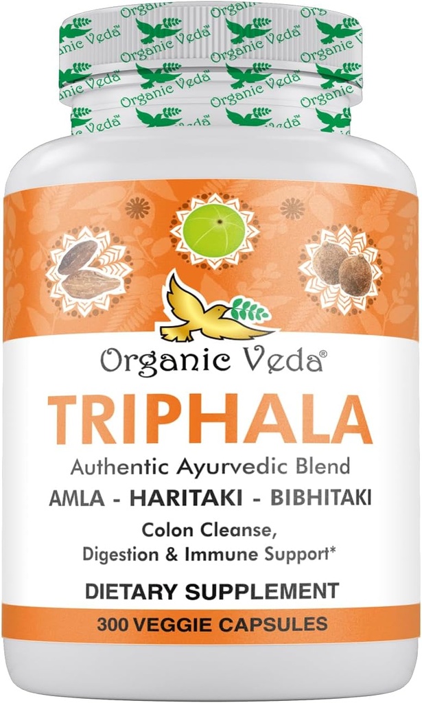 有機Veda Triphalaの粉300のカプセル、1000mg - コロンクレンス、免疫、腸及び消化の健康のための有機性Tripleaの補足 - 全緑の酸化防止剤のAmla、Hariitaki及びBibhitaki - ビーガンPills