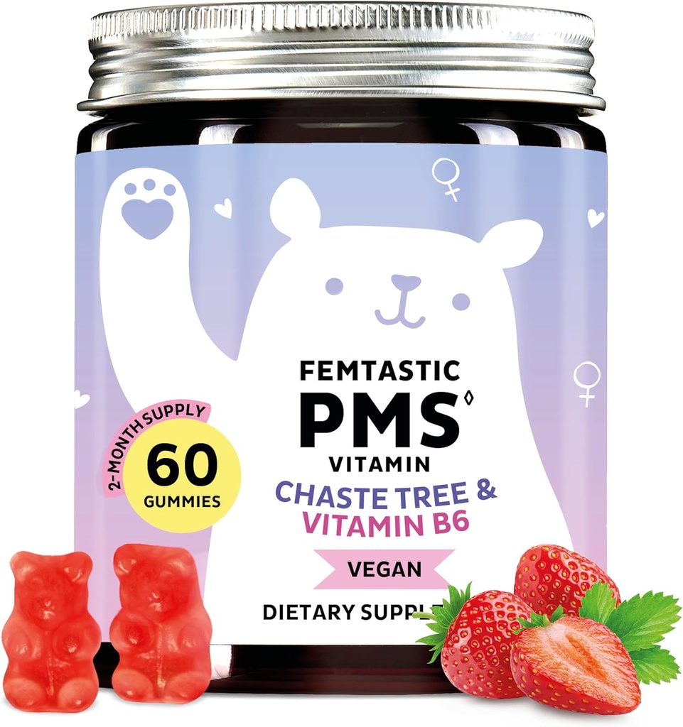 PMS Support Supplement for Women. Menstrual Relief Gummies to Target Hormonal Breakouts, Bloating, Period Cramps, & Mood Swings. Vegan, with Vitamin B6 & Lemon Balm, 60 Gummies