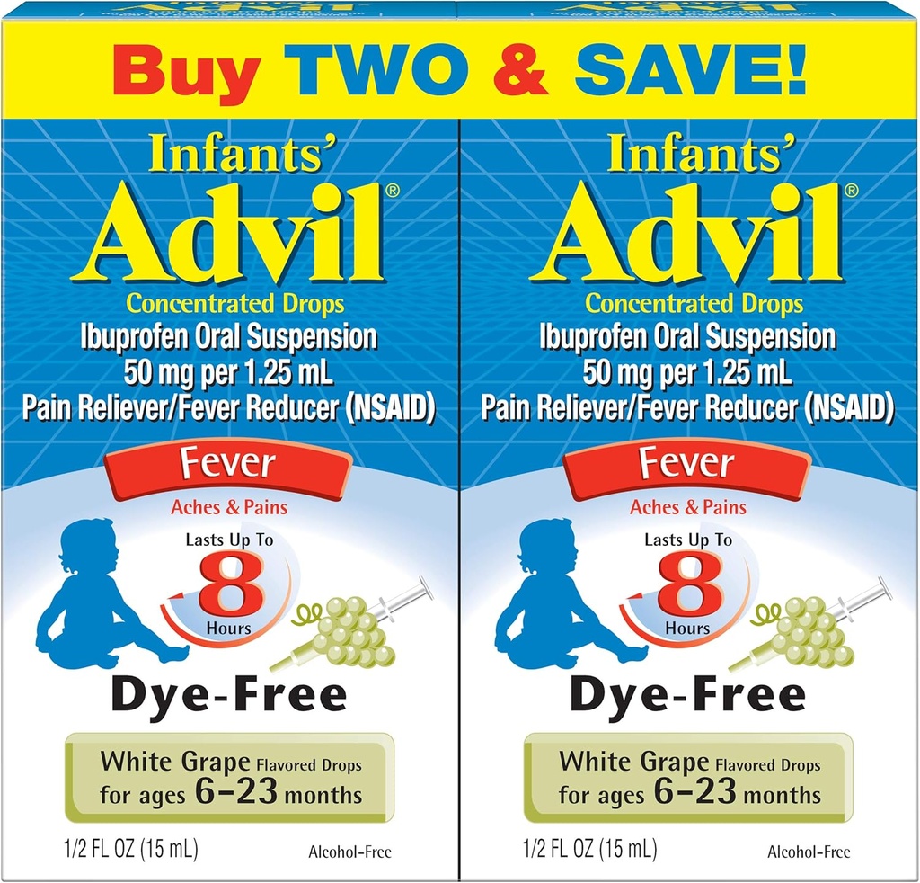 Advil Infants' Fever Remover/Pain Reliever Dye-Free、50mg Ibuprofenの濃縮された低下(白いブドウの味、0.5のfl。 oz。 びん、パック 2)