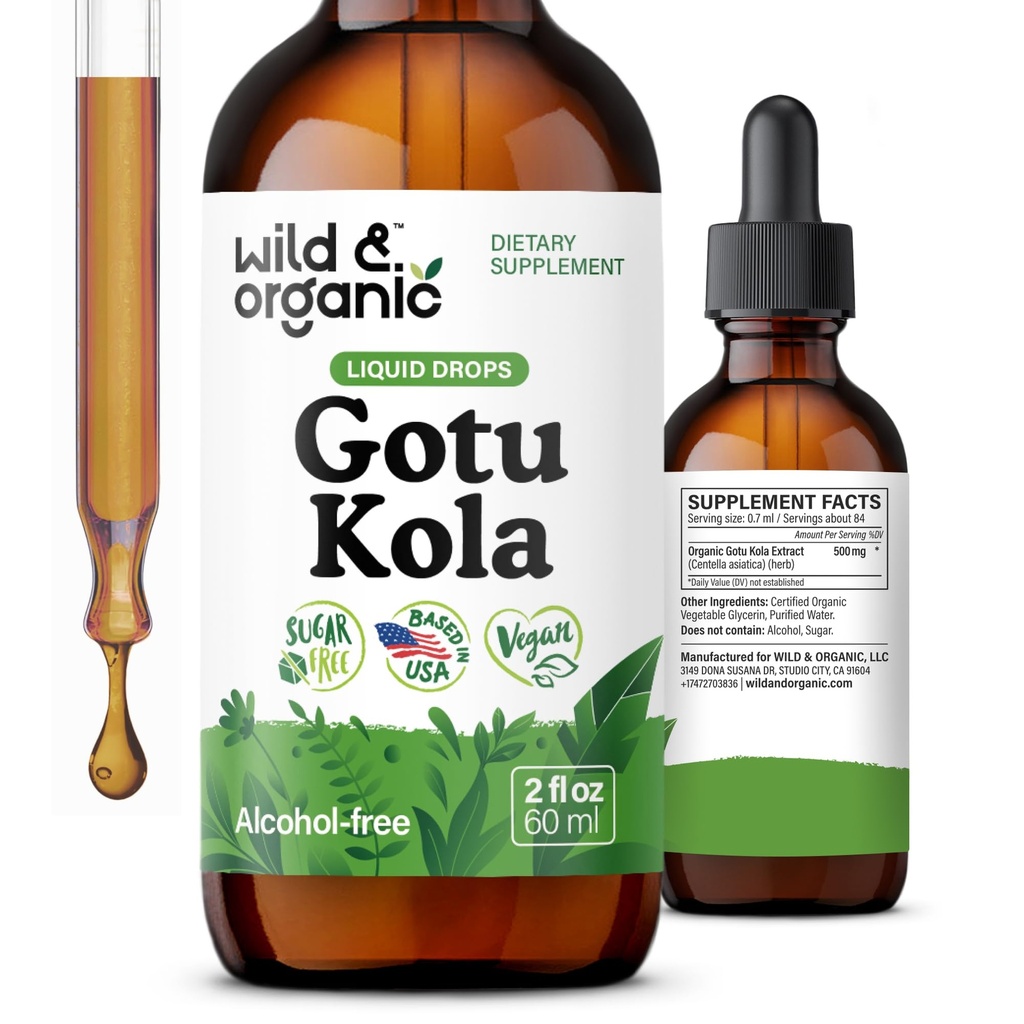ワイルド&オーガニックGotu Kolaハーブのチンキ - 脳サポート - Gotu Kola液体エキスのドロップ - ビーガン、砂糖&アルコールフリーCentella Asiaticaサプリメント - 2 fl oz