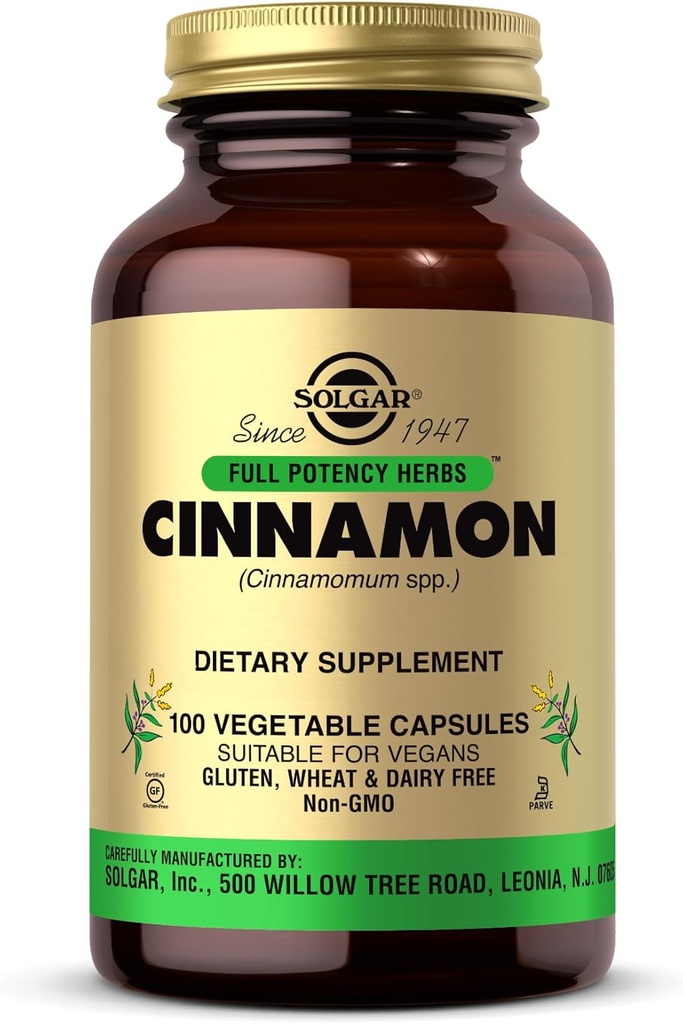 Solgar Cinnamon - 100 Vegetable Capsules - Full Potency (FP) - Non-GMO, Vegan, Gluten Free, Dairy Free, Kosher - 100 Servings