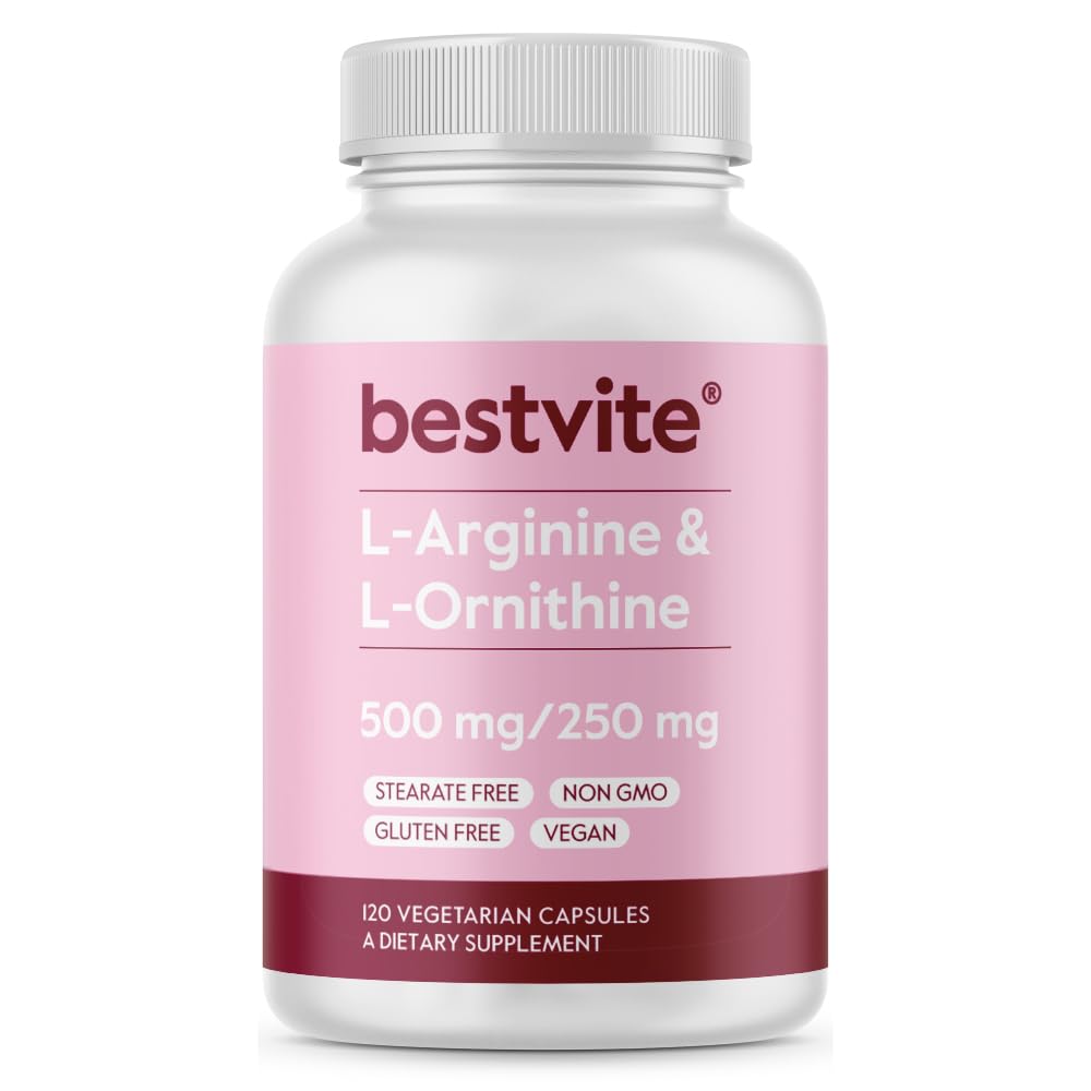 BESTVITE L-アルギニン L-オルニチン 500-250 (120 ベジタリアン カプセル) - なし 充填剤 - 完全菜食主義者の - ビーガン - 非GMO - グルテンフリー - カルシウム ケイ酸塩なし