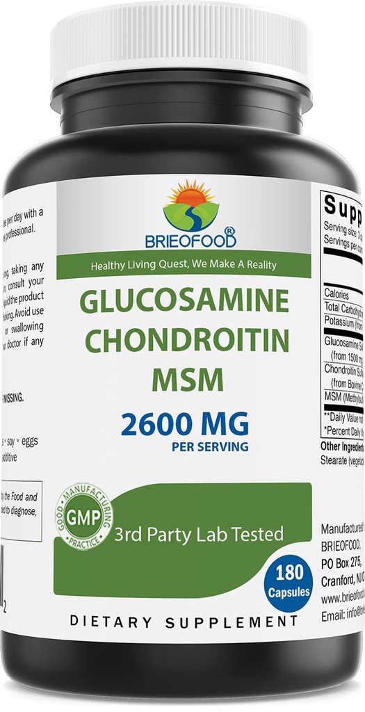 Brieofoodの三重の強さのグルコサミンのコンドロイチンMSM 2600mg/Servingのカプセルは、健康な接合箇所、軟骨および結合組織を支えます-接合箇所の慰め及び柔軟性を180の計算促進します