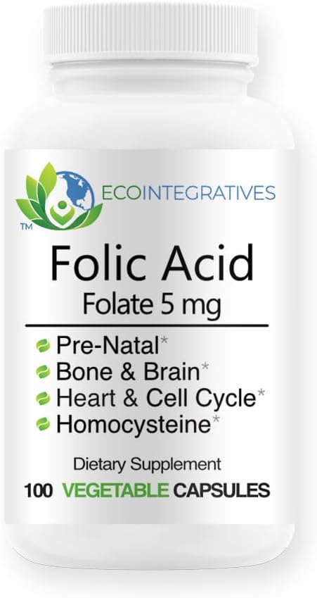葉酸 Folate 5mg (B9) 胎児, 生殖健康, Homocysteine, Metabolism, 心血管, 骨, 免疫サポート, アレルゲンフリー, 非GMO - 100 ビーガンカプセル