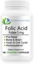 葉酸 Folate 5mg (B9) 胎児, 生殖健康, Homocysteine, Metabolism, 心血管, 骨, 免疫サポート, アレルゲンフリー, 非GMO - 100 ビーガンカプセル