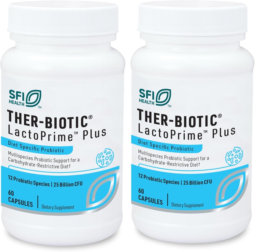 Klaire Labs SFI Health Lactoprime Plus Probiotic - 25 Billion High CFU for Carb-Sensitive Men & Women, 7 Lactobacillus and 5 Bifidobacterium Blend, FODMAP Compliant & Dairy-Free (60 Capsules, 2 Pack)