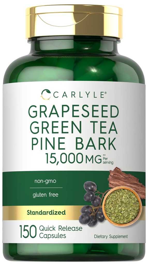 カルライルグレープシード、グリーンティー、パインバーク | 15,000mg | 150カプセル | 非GMOとグルテンフリーサプリメント