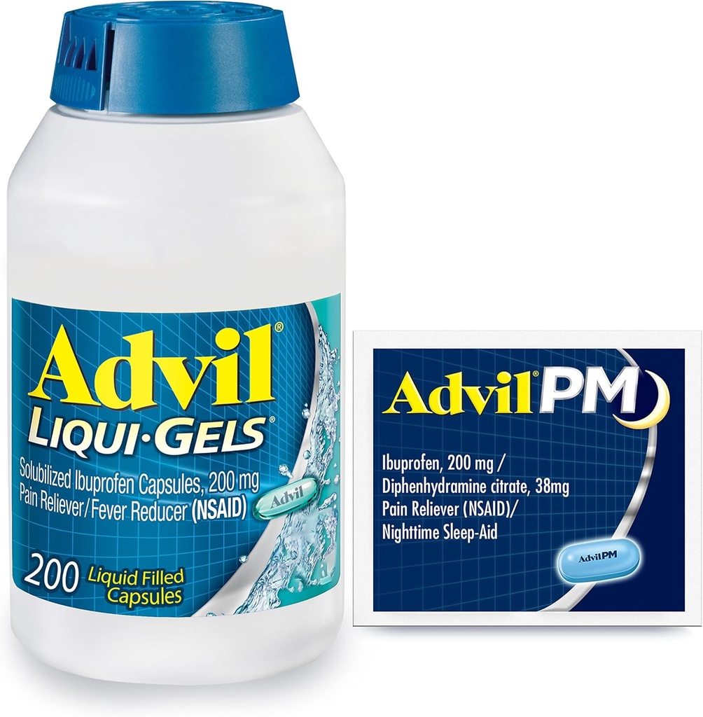 Advil Liqui-Gelsの痛みの回復力とフィーバーの減力剤、頭痛、腰痛、月経痛み、関節の痛みの軽減のためのIbuprofen 200mgの成人のための痛みの薬 - 200カプセル、Advil PM Ibuprofen - 2 Ct