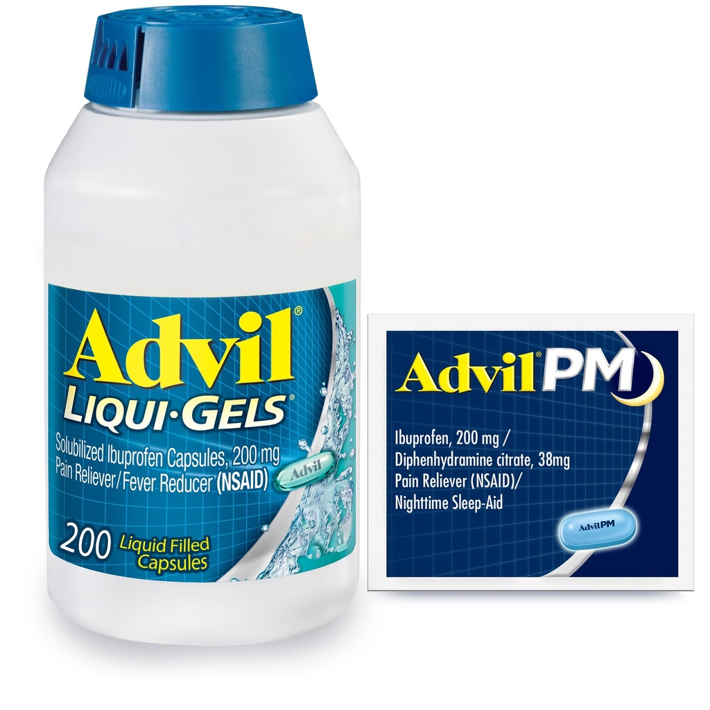 Advil Liqui-Gelsの痛みの回復力とフィーバーの減力剤、頭痛、腰痛、月経痛み、関節の痛みの軽減のためのIbuprofen 200mgの成人のための痛みの薬 - 200カプセル、Advil PM Ibuprofen - 2 Ct