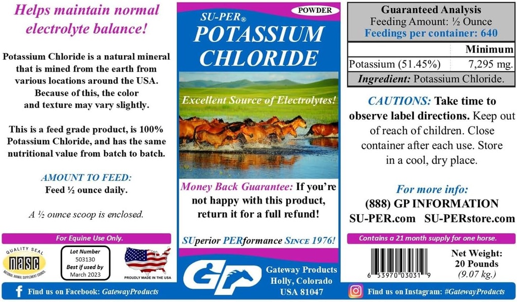 SU-PERのカリウムの塩化物馬の電解物の補足-助けは正常な電解質のバランス- 20ポンド、供給21か月を維持します