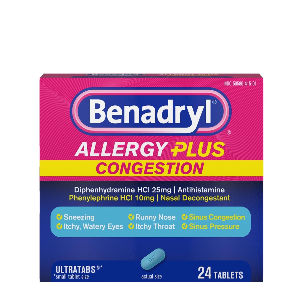 Benadrylのアレルギープラスの輻輳のUltratabs、Diphenhydramine HClのAntihistamine及びPhenylephrine HClの鼻のDecongestantのアレルギー及びSinusの輻輳の救助のタブレット、24のctの薬
