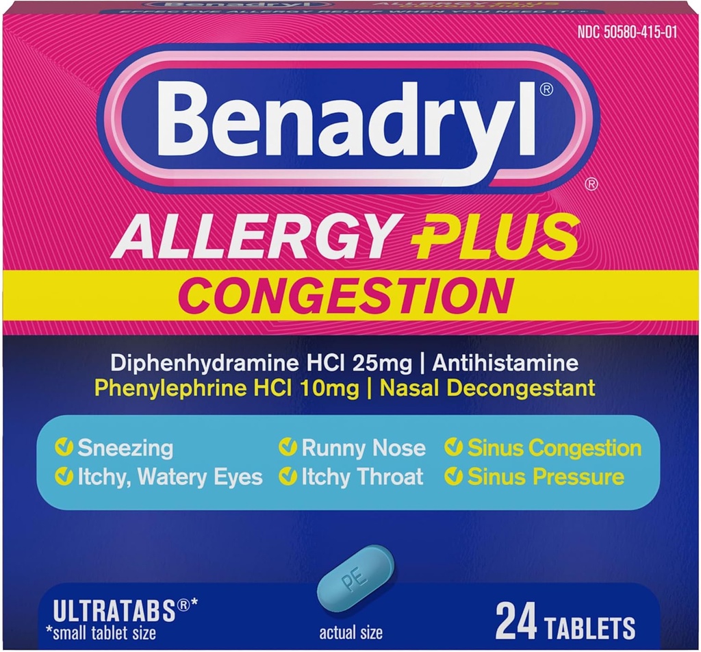 Benadrylのアレルギープラスの輻輳のUltratabs、Diphenhydramine HClのAntihistamine及びPhenylephrine HClの鼻のDecongestantのアレルギー及びSinusの輻輳の救助のタブレット、24のctの薬