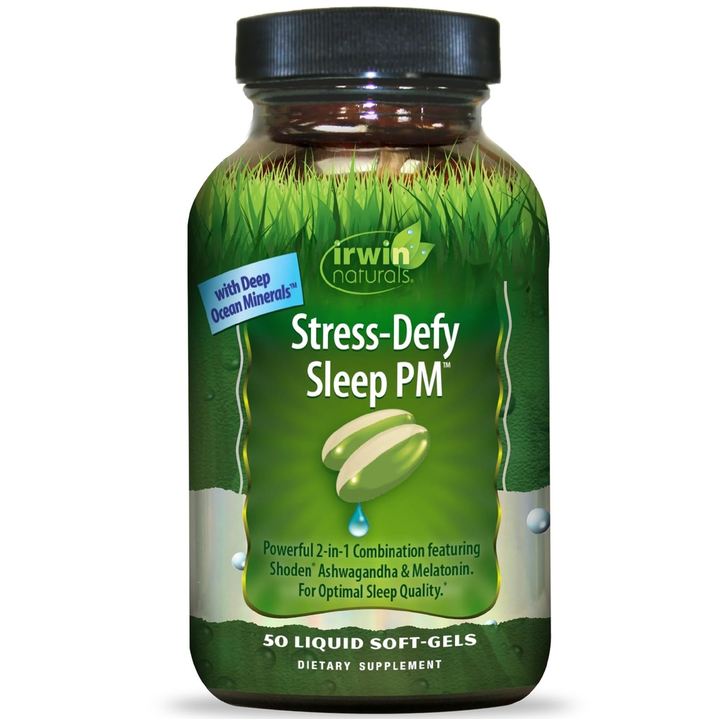 Irwin Naturals ストレス ディファイド 睡眠 PM - 50 液体 ソフトジェル - Ashwagandha & Melatonin と組み合わせる強力な 2-in-1 - 25 サービング