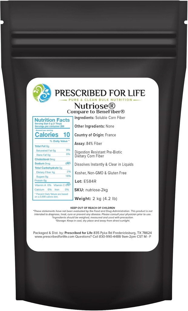 Prescribed For Life Nutriose Powder, Natural Fiber Supplement, Prebiotic Soluble Corn Fiber for Adults, Gluten Free, Vegan, Non GMO (2kg / 4.4lb)